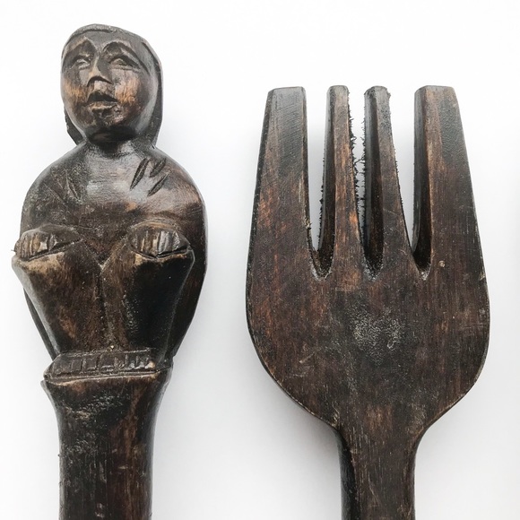 HAND CARVED Primitive Wood Vintage Utensils Set of 4 - Picture 3 of 8